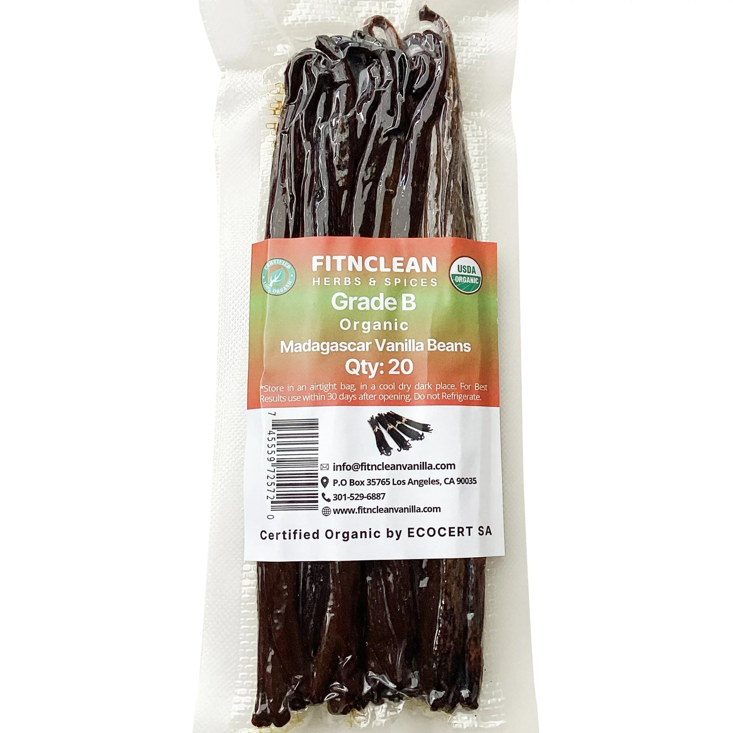 Certified USDA Organic Madagascar Vanilla Beans Grade B for Homemade Extract. Flavorful 5-7" Pods  (By Count)