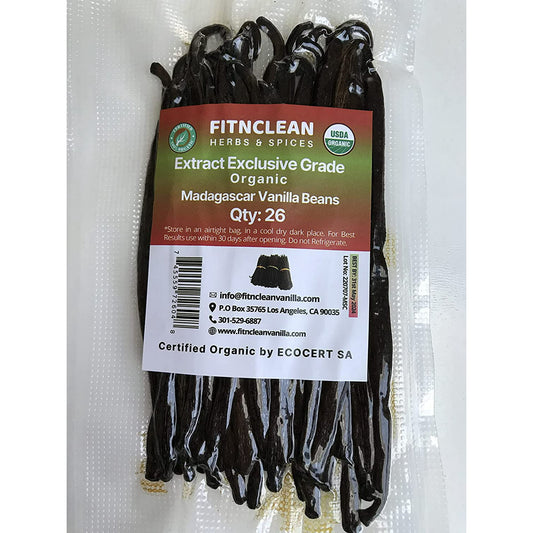 26 Organic Madagascar Vanilla Beans Extract Exclusive Grade B. 4.5" - 5.5" by FITNCLEAN VANILLA. Certified USDA Organic. Bulk Dry Whole NON-GMO Pods