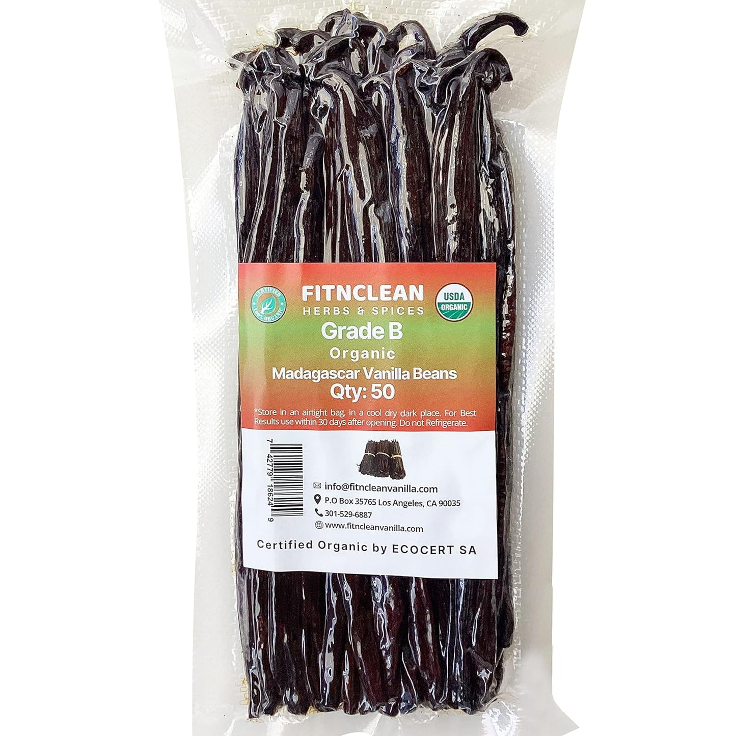 50 Organic Madagascar Bourbon Vanilla Beans Grade B 5.5"-7", Certified USDA Organic for Extract, Brewing and Baking by FITNCLEAN VANILLA, Whole Bulk NON-GMO Vanilla Pods