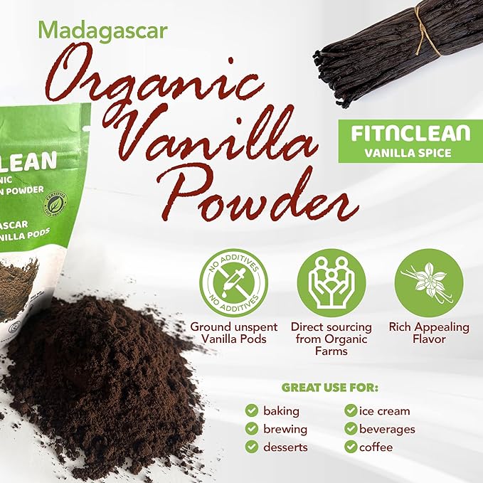 1oz Organic Madagascar Vanilla Bean Powder. Certified USDA Organic. Ground whole Gourmet Pods by FITNCLEAN VANILLA| Raw Natural Pure Unsweetened No Additives NON-GMO