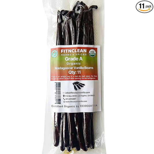 11 Madagascar Organic Vanilla Beans Grade A. ~6" by FITNCLEAN VANILLA for Cooking, Extract and Baking. Bourbon Fresh Gourmet NON-GMO Whole Pods