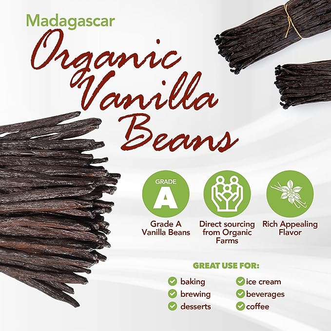 11 Madagascar Organic Vanilla Beans Grade A. ~6" by FITNCLEAN VANILLA for Cooking, Extract and Baking. Bourbon Fresh Gourmet NON-GMO Whole Pods