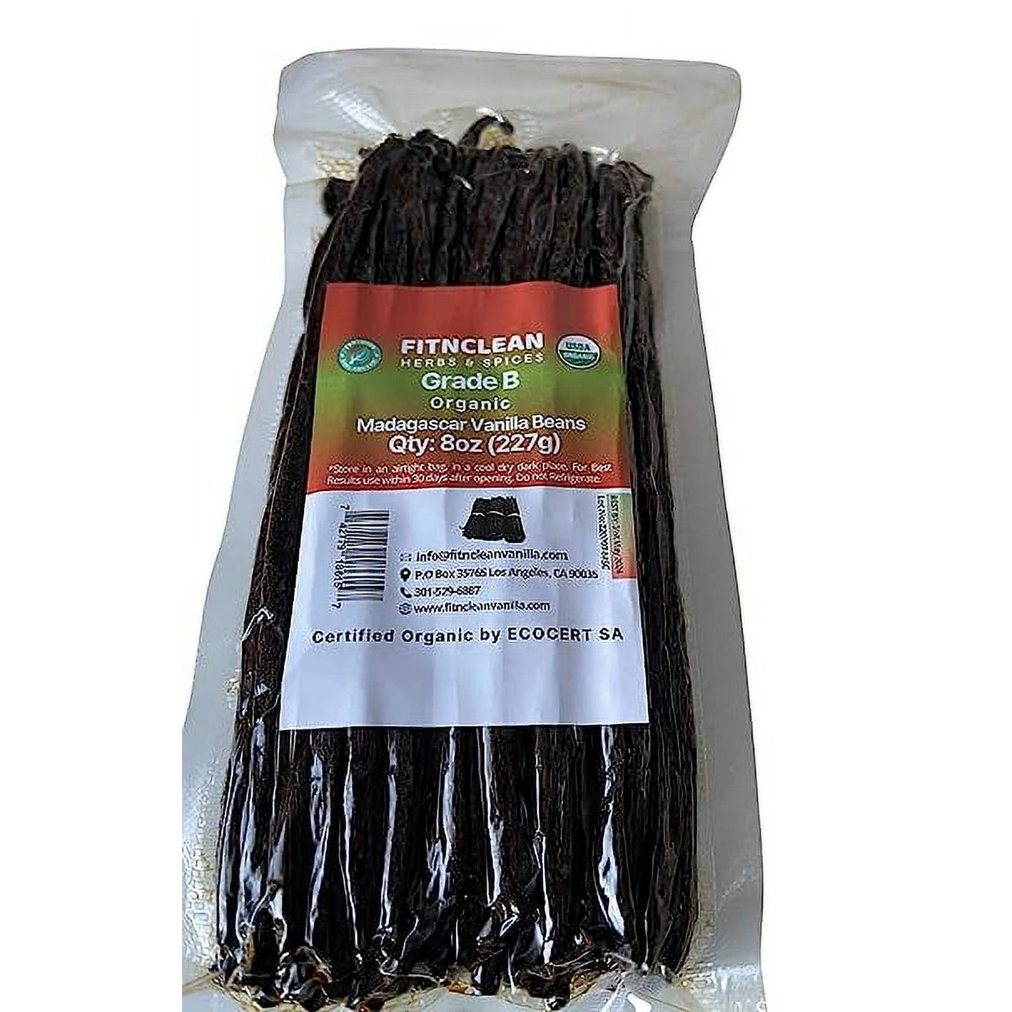 8oz Organic Madagascar Vanilla Beans Grade B for Extract. Certified USDA Organic. 5"-7" by FITNCLEAN VANILLA for Paste and Baking (1/2 Lb) Whole NON-GMO Pods