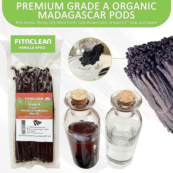 26 Organic Madagascar Vanilla Beans Grade A. Certified USDA Organic. Fresh by FITNCLEAN VANILLA for Extract, Cooking, Brewing, Baking. Bulk Bourbon NON-GMO Whole Gourmet Pods