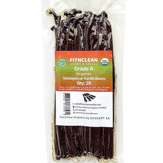 26 Organic Madagascar Vanilla Beans Grade A. Certified USDA Organic. Fresh by FITNCLEAN VANILLA for Extract, Cooking, Brewing, Baking. Bulk Bourbon NON-GMO Whole Gourmet Pods