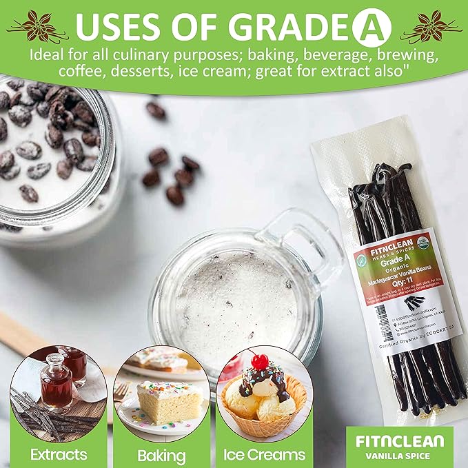 11 Madagascar Organic Vanilla Beans Grade A. ~6" by FITNCLEAN VANILLA for Cooking, Extract and Baking. Bourbon Fresh Gourmet NON-GMO Whole Pods