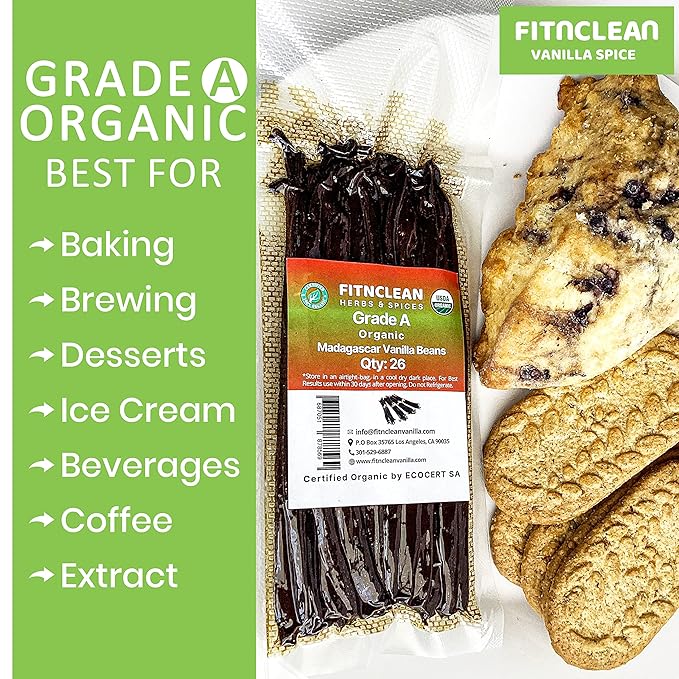 26 Organic Madagascar Vanilla Beans Grade A. Certified USDA Organic. Fresh by FITNCLEAN VANILLA for Extract, Cooking, Brewing, Baking. Bulk Bourbon NON-GMO Whole Gourmet Pods