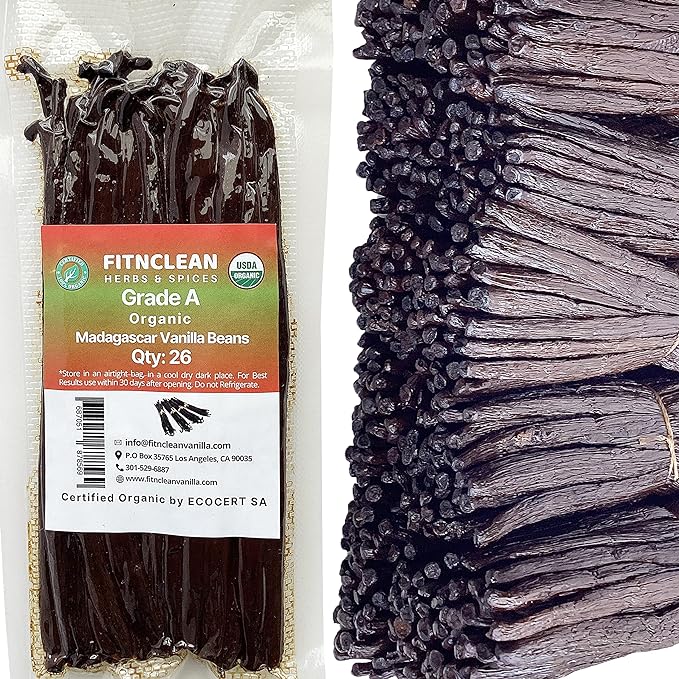 26 Organic Madagascar Vanilla Beans Grade A. Certified USDA Organic. Fresh by FITNCLEAN VANILLA for Extract, Cooking, Brewing, Baking. Bulk Bourbon NON-GMO Whole Gourmet Pods