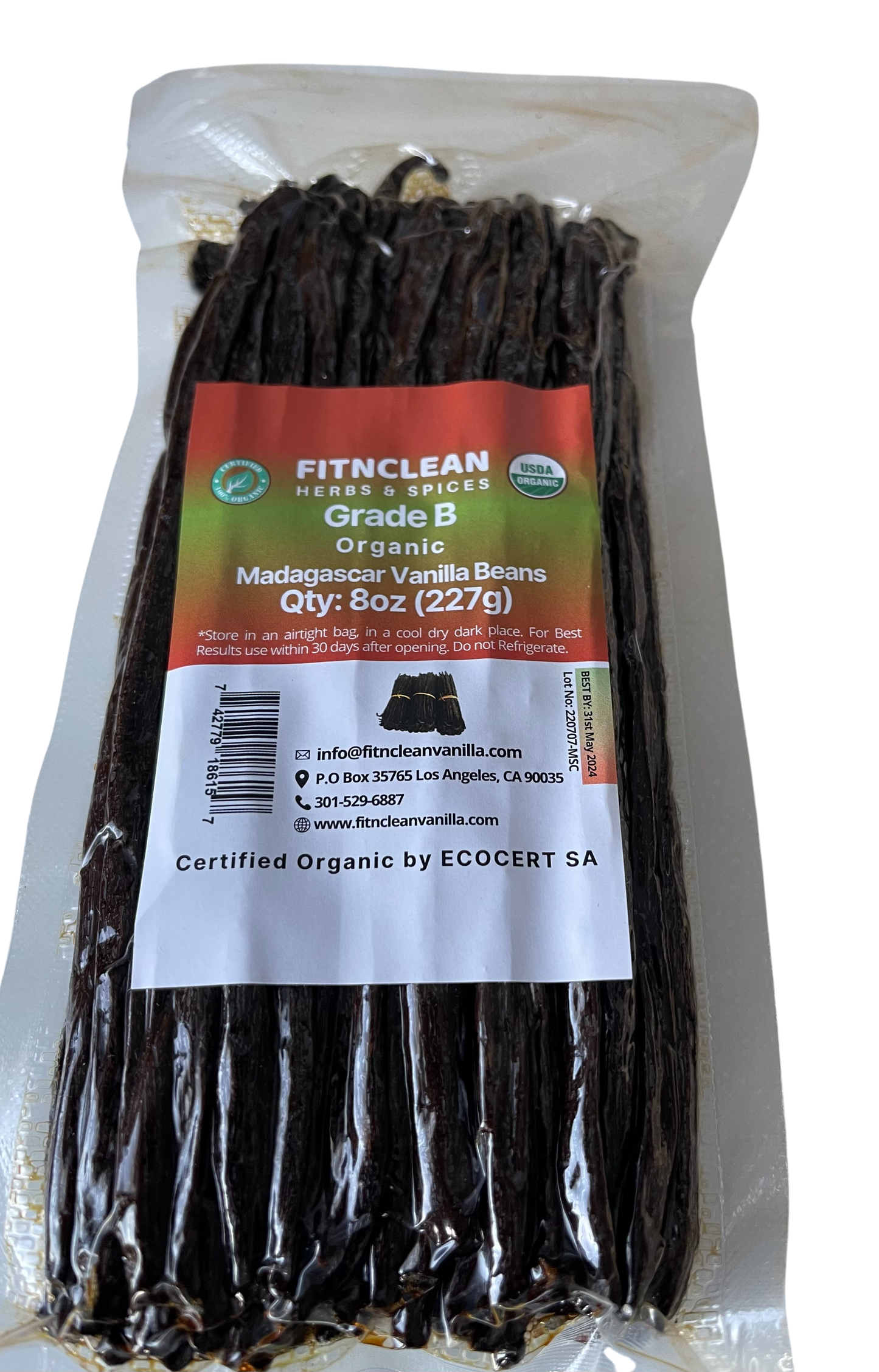8oz Organic Madagascar Vanilla Beans Grade B for Extract. Certified USDA Organic. 5"-7" by FITNCLEAN VANILLA for Paste and Baking (1/2 Lb) Whole NON-GMO Pods