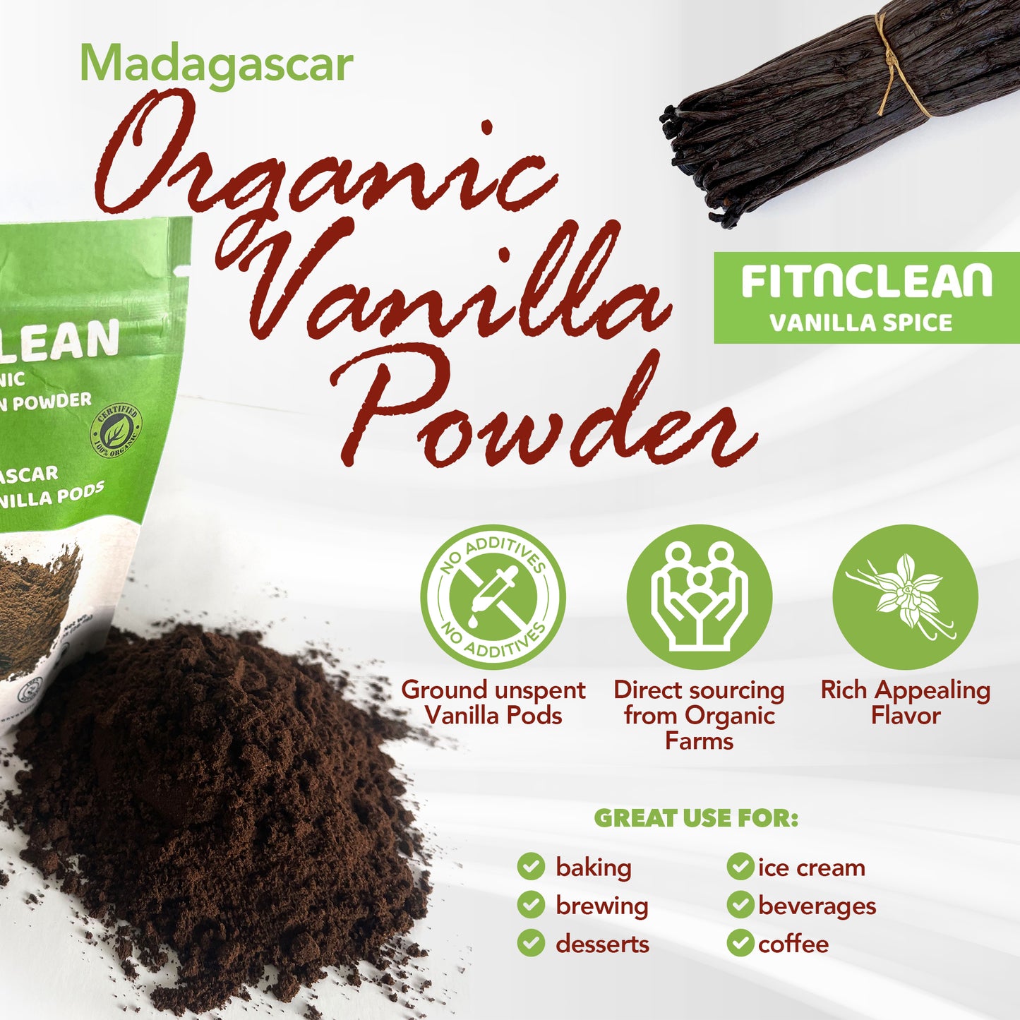 Organic Madagascar Vanilla Powder Raw Natural Pure Unsweetened No Additives. Certified USDA Organic