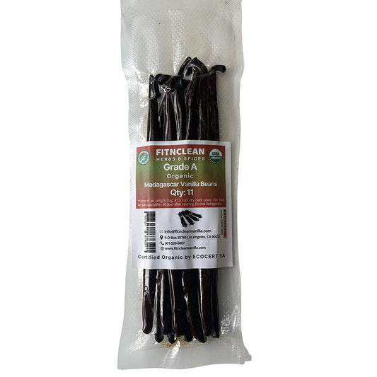 11 Organic Madagascar Vanilla Beans Grade A, Certified USDA Organic, 6" Length by FITNCLEAN VANILLA for Extract, Cooking and Baking, Bourbon Fresh Gourmet NON-GMO Whole Pods