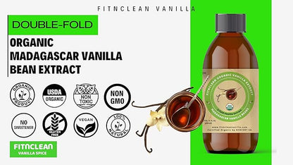 Organic Double-Fold Madagascar Vanilla Bean Extract by FITNCLEAN VANILLA – USDA Certified Organic. Premium Pure No-Additive. 4 fl oz.