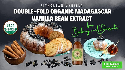 Organic Double-Fold Madagascar Vanilla Bean Extract by FITNCLEAN VANILLA – USDA Certified Organic. Premium Pure No-Additive. 4 fl oz.