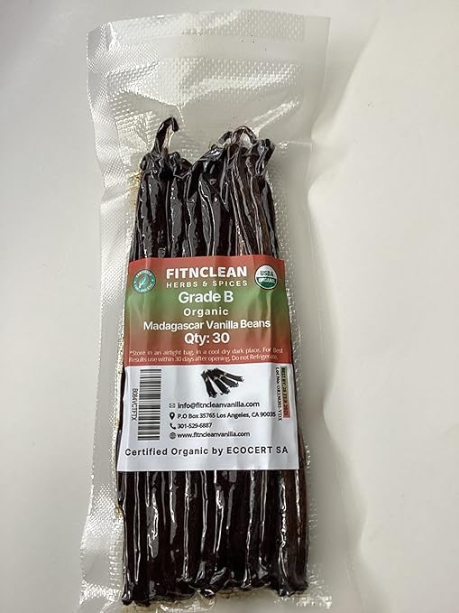 30 Madagascar Organic Vanilla Beans Grade B. Certified USDA Organic. Bulk Bourbon 5"-7" by FITNCLEAN VANILLA| Whole NON-GMO PODS