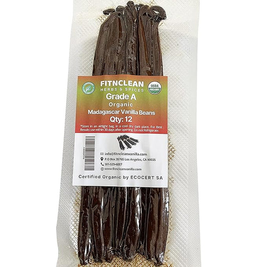 12 Organic Madagascar Vanilla Beans Grade A. Certified USDA Organic 6"-7.5" by FITNCLEAN VANILLA for Chefs, Extract, Baking and Essence. Gourmet Bourbon NON-GMO Whole Pods
