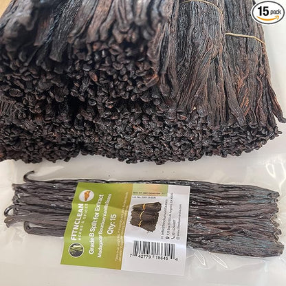 15 Split Madagascar Vanilla Beans Grade B| 5"-7" For Extract by FITNCLEAN VANILLA | Whole Bourbon NON-GMO Pods for Paste