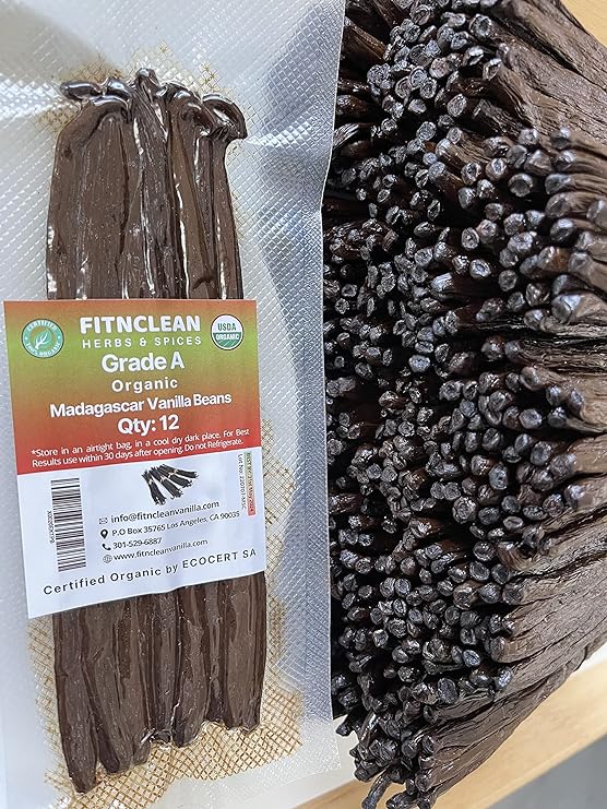 12 Organic Madagascar Vanilla Beans Grade A. Certified USDA Organic 6"-7.5" by FITNCLEAN VANILLA for Chefs, Extract, Baking and Essence. Gourmet Bourbon NON-GMO Whole Pods