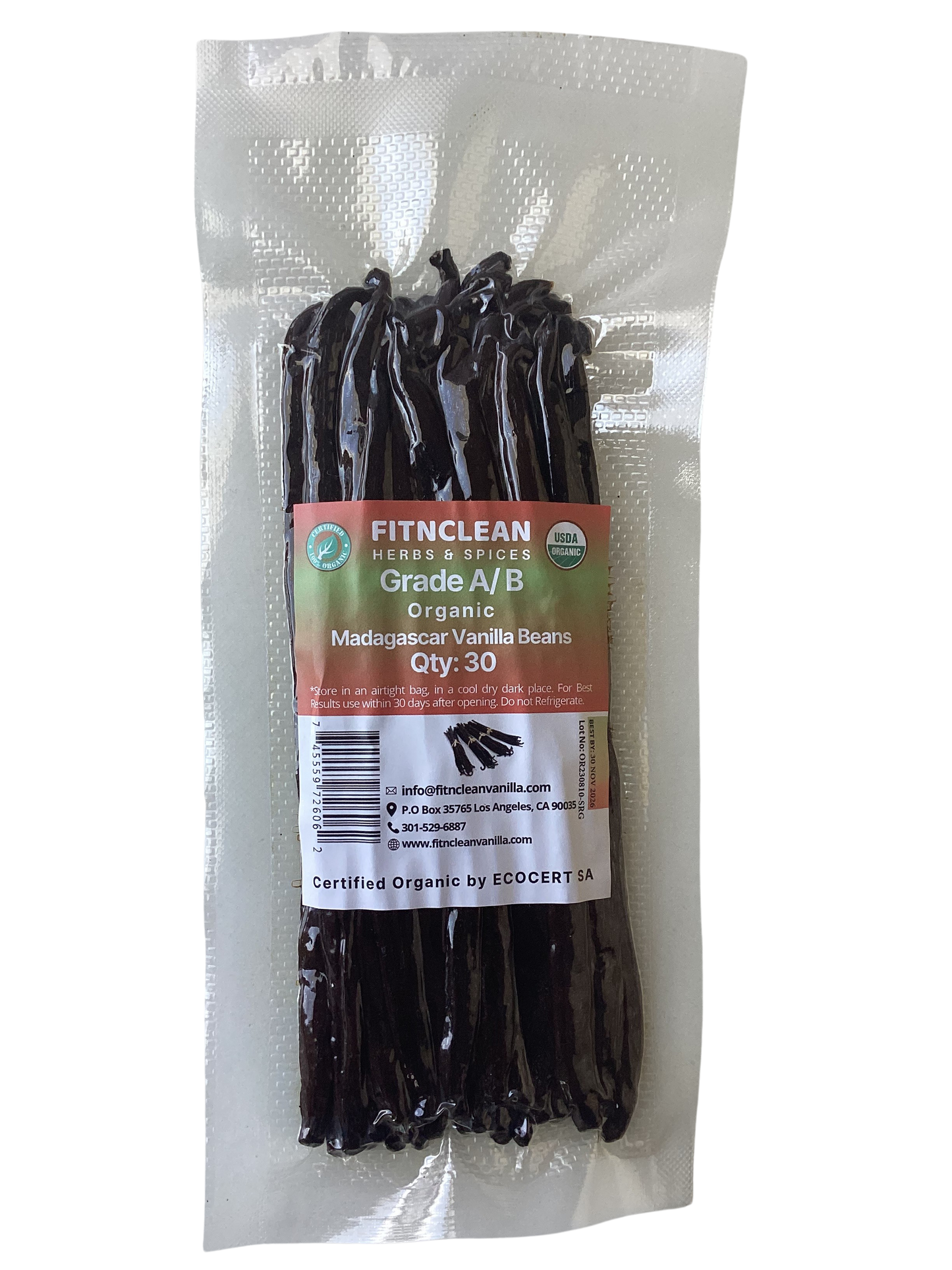 30 Organic Madagascar Vanilla Beans Grade A/B. Certified USDA Organic. 5"-7" by FITNCLEAN VANILLA. Bourbon Fresh Whole NON-GMO Pods