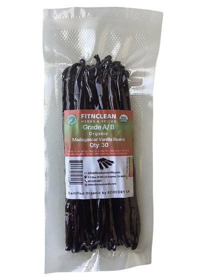 30 Organic Madagascar Vanilla Beans Grade A/B. Certified USDA Organic. 5"-7" by FITNCLEAN VANILLA. Bourbon Fresh Whole NON-GMO Pods