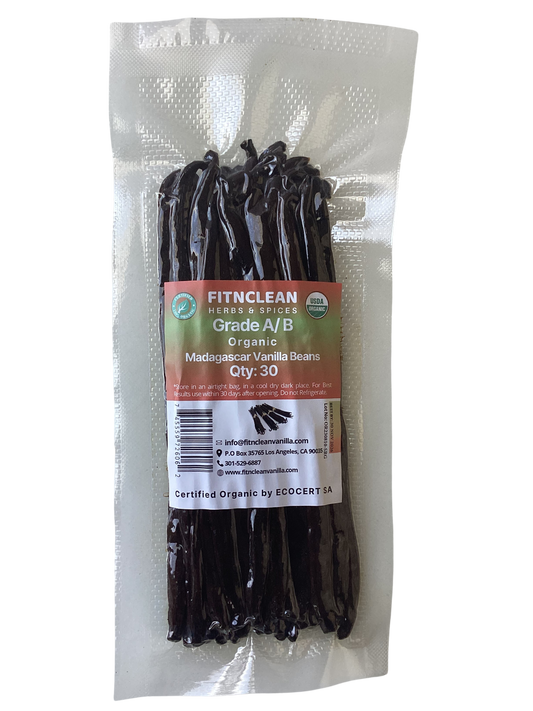 30 Organic Madagascar Vanilla Beans Grade A/B. Certified USDA Organic. 5"-7" by FITNCLEAN VANILLA. Bourbon Fresh Whole NON-GMO Pods